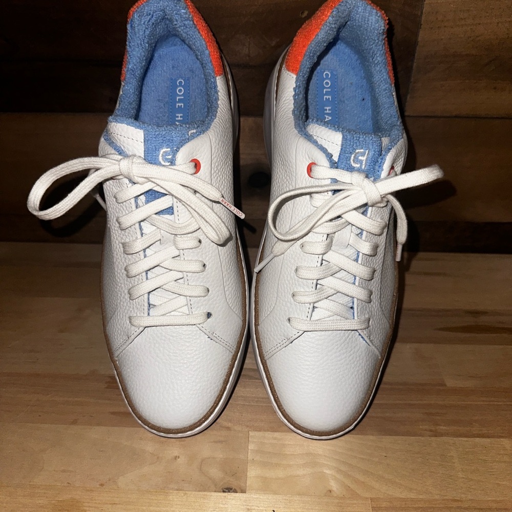 Cole Haan White Leather Sneakers with Blue Lining and Orange Heel